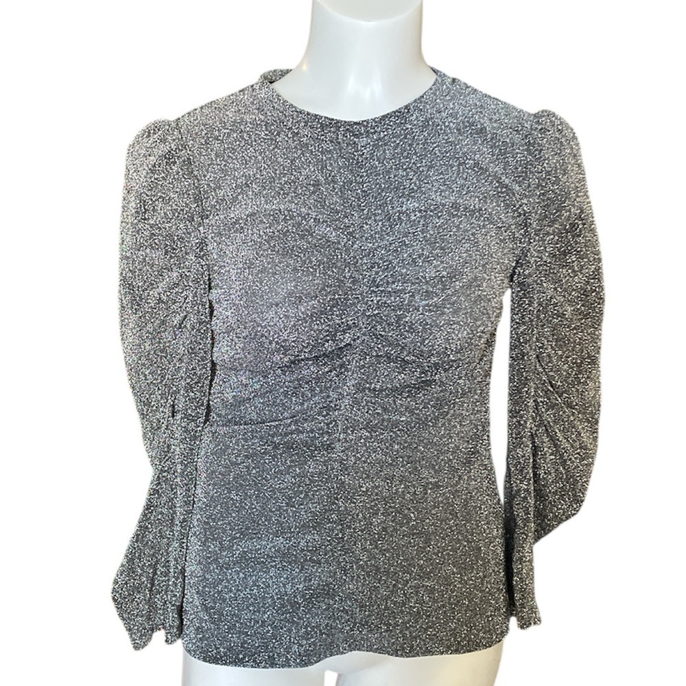 Rebecca Taylor Metallic Silver ruched 3/4 puff sleeves Blouse sz XS